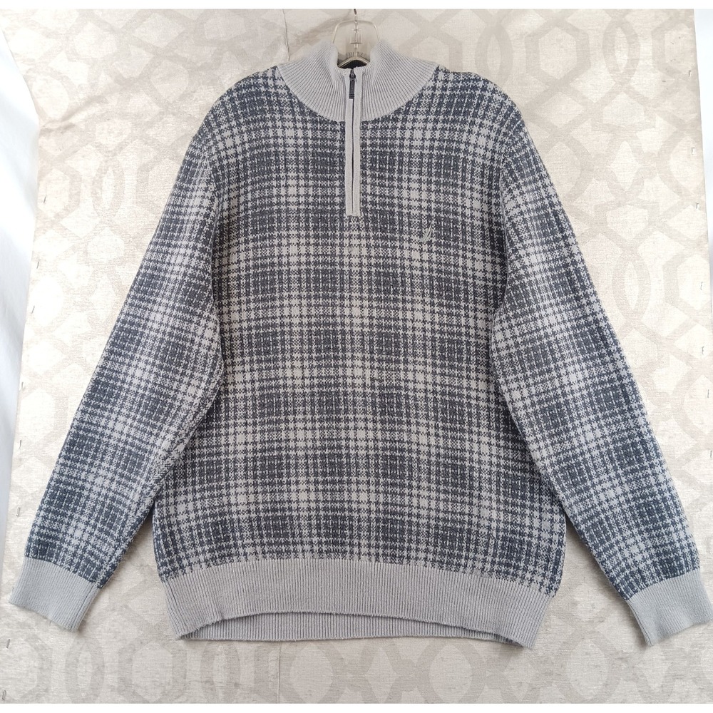 Nautica Men's Plaid Quarter Zip Sweater Gray Size M